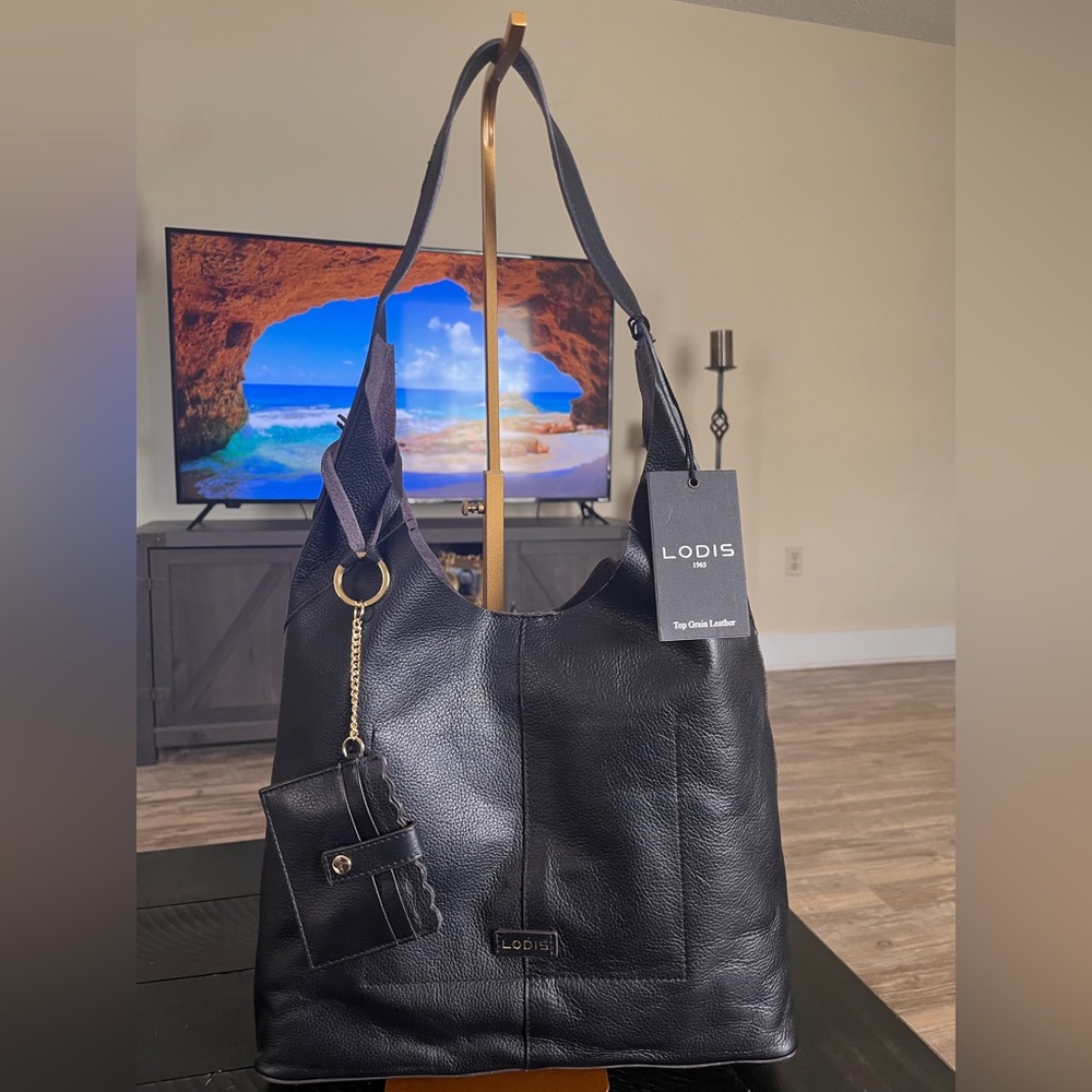 NWT LODIS  Hobo Top Grain Leather Shoulder Bag in Black w/ card case wallet